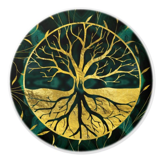 Golden Tree of Life Yggdrasil op Malachite Keramische Knop (Voorkant)