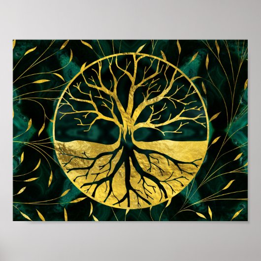 Golden Tree of Life Yggdrasil op Malachite Poster (Voorkant)