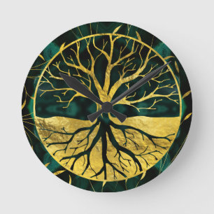 Golden Tree of Life Yggdrasil op Malachite Ronde Klok
