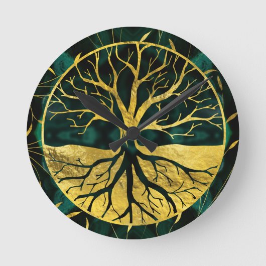 Golden Tree of Life Yggdrasil op Malachite Ronde Klok (Voorkant)