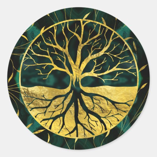 Golden Tree of Life Yggdrasil op Malachite Ronde Sticker (Voorkant)