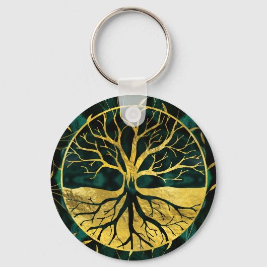 Golden Tree of Life Yggdrasil op Malachite Sleutelhanger (Voorkant)