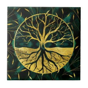 Golden Tree of Life Yggdrasil op Malachite Tegeltje