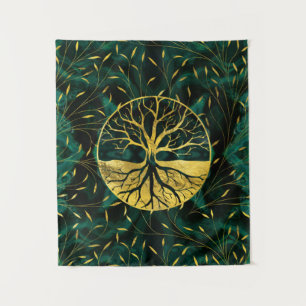 Golden Tree of Life Yggdrasil op Malachite Wandkleed