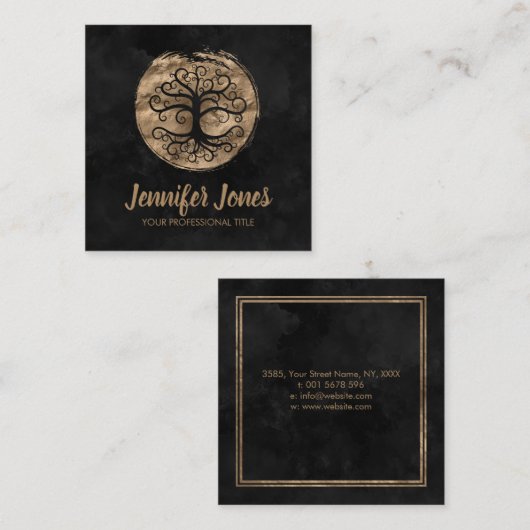 Golden Tree - zwarte waterverf Vierkante Visitekaartje (Voorkant / Achterkant)