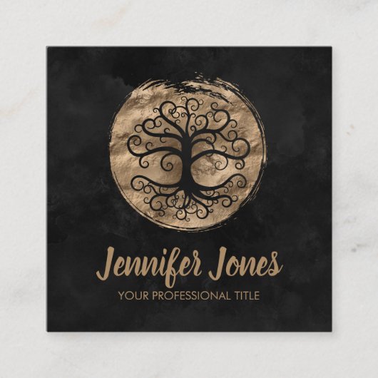 Golden Tree - zwarte waterverf Vierkante Visitekaartje (Voorkant)