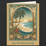 Golden Tropical Christmas Art Gevouwen Wenskaart Kaart<br><div class="desc">Dit tropische gevouwen wenskaart met kerstmis heeft een afbeelding in art nouveau-stijl van een goudboog met een palmboom,  een strand en een prachtige zonsondergang. Alle teksten kunnen worden aangepast aan uw behoeften.</div>