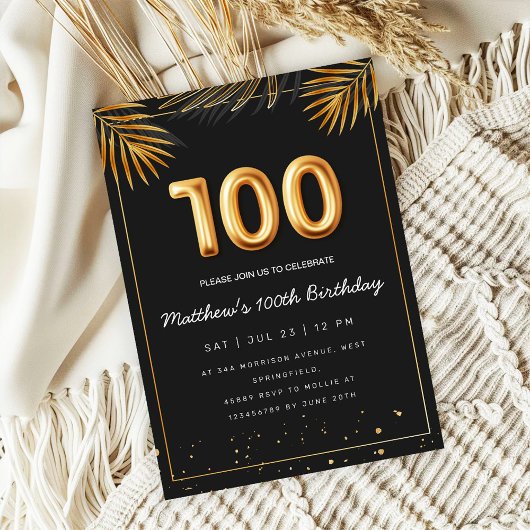 Golden Tropical Palm Leaves 100th Birthday  Kaart