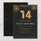 Golden Tropical Palm Leaves 14th Birthday  Invitat Kaart (Voorkant / Achterkant)