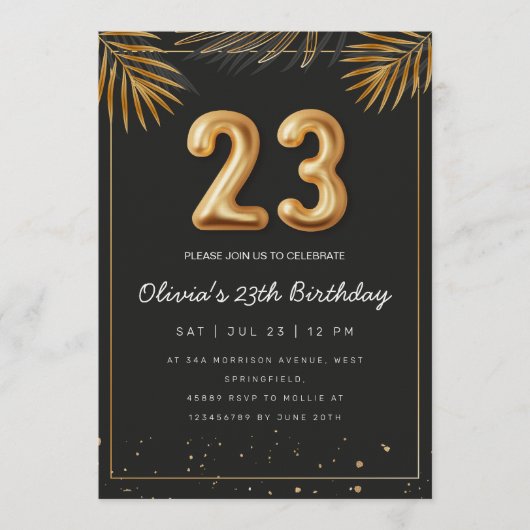 Golden Tropical Palm Leaves 23th Birthday Kaart (Voorkant)