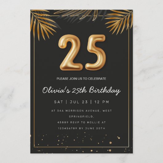 Golden Tropical Palm Leaves 25th Birthday  Kaart (Voorkant)