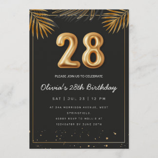 Golden Tropical Palm Leaves 28th Birthday  Kaart