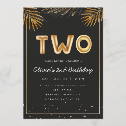  Golden Tropical Palm Leaves 2nd Birthday  Kaart (Voorkant)