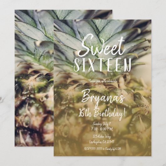 Golden Tropical Pineapple Sweet 16 Party Kaart (Voorkant / Achterkant)