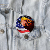 Golden Trump Bird USA Flag Round Pin Back Button (In situ)