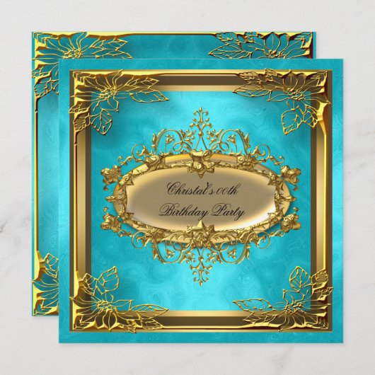 Golden Turquoise Elite Elegant Birthday Party Kaart (Voorkant / Achterkant)