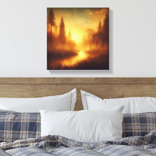 Golden Twilight River Through Dreamy Forest Canvas Afdruk (Insitu (Slaapkamer))