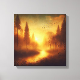 Golden Twilight River Through Dreamy Forest Canvas Afdruk