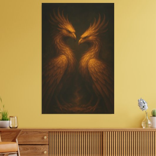 Golden Twin Phoenix • Luxury Fine Art Canvas (Insitu (Woonkamer))