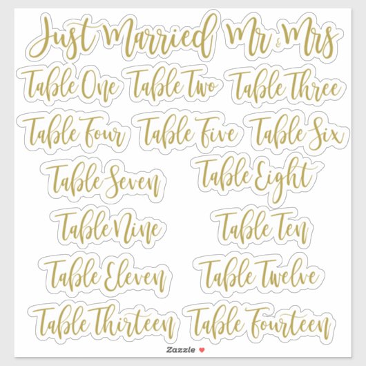 Golden Typography Just Married, Mr & Mrs and Table Sticker (Vel)