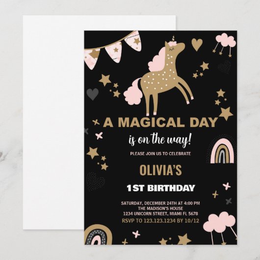 Golden Unicorn Birthday-uitnodigingen Kaart (Voorkant / Achterkant)