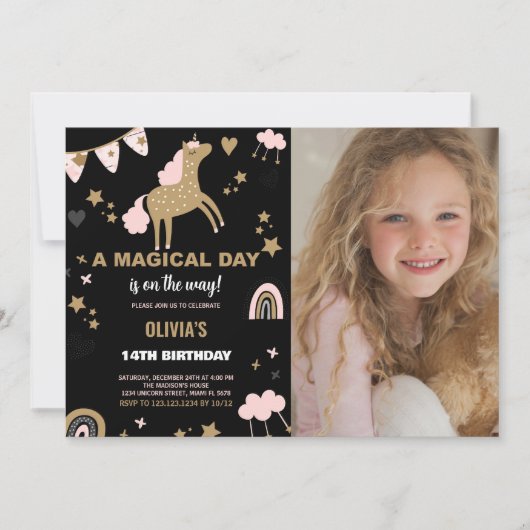 Golden Unicorn Birthday Uitnodigingen met foto (Voorkant)