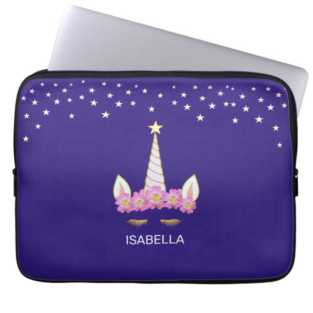 Golden unicorn, bloemen en sterren op indigoblauw laptop sleeve (Voorkant)