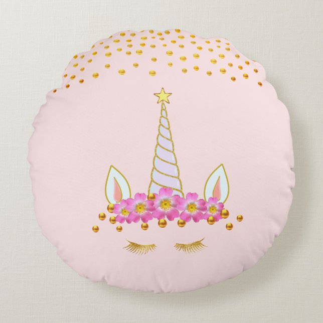 Golden Unicorn, Flowers & Gold Confetti op Roze Rond Kussen (Voorkant)