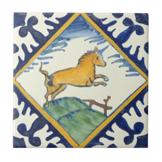 Golden Unicorn Hand Painted Early Delft Repro Tegeltje (Voorkant)