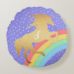 Golden Unicorn over pastelregenboogkleuren Rond Kussen