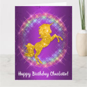 Golden Unicorn Rainbow Sparkles op Paarse verjaard Kaart (Voorkant)
