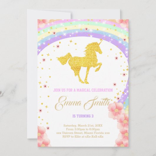 Golden unicorn verjaardagsuitnodiging kaart (Voorkant)