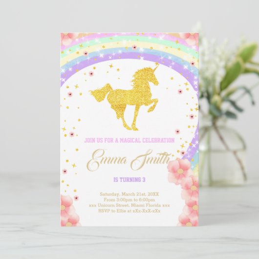 Golden unicorn verjaardagsuitnodiging kaart (Staand voorkant)