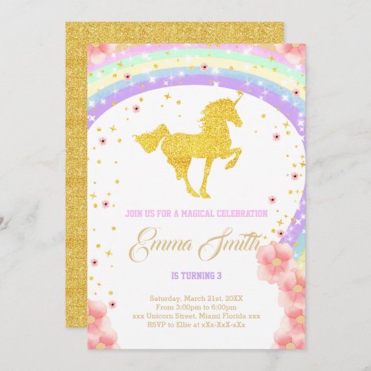 Golden unicorn verjaardagsuitnodiging kaart (Voorkant / Achterkant)