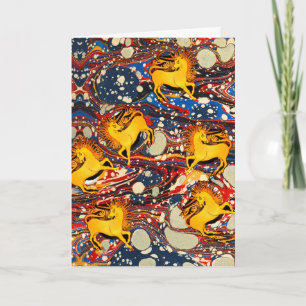 GOLDEN UNICORNS, RED BLUE MARBLED EFFECTS Birthday Feestdagen Kaart