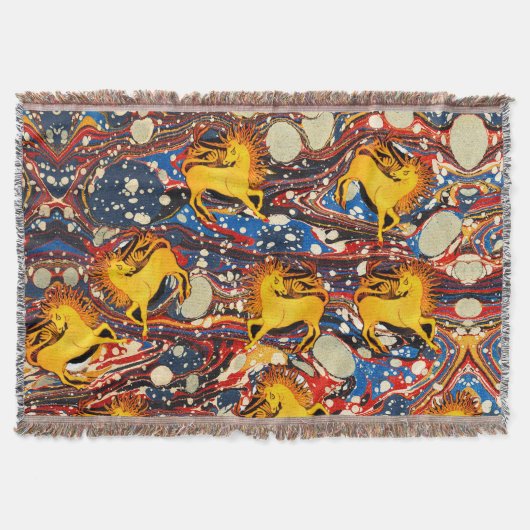 GOLDEN UNICORNS, RED BLUE MARBLED EFFECTS, CIRCLS DEKEN (Voorkant)