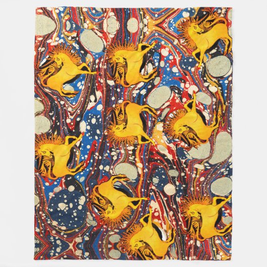 GOLDEN UNICORNS, RED BLUE MARBLED EFFECTS, CIRCLS FLEECE DEKEN (Voorkant)