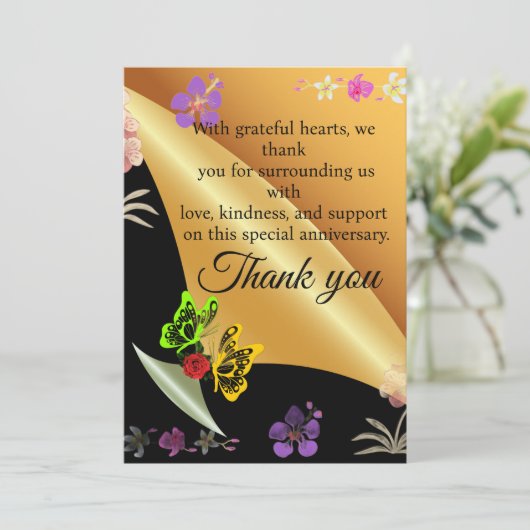 Golden V-Point Jubileum Vlinders en Rozen Bedankkaart (Staand voorkant)