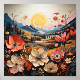Golden Valley Blossoms: Droomachtige Natuur Kunst Poster