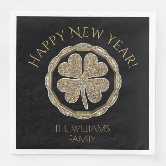 Golden Vier Leaf Clover Happy Nieuwjaar Goed Luck Servet (Voorkant)