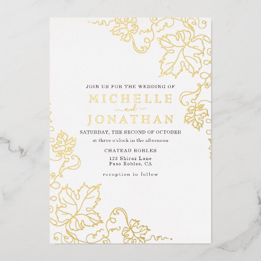 Golden Vineyard Wit Echte Folie Bruiloft Folie Uitnodiging (Voorkant)