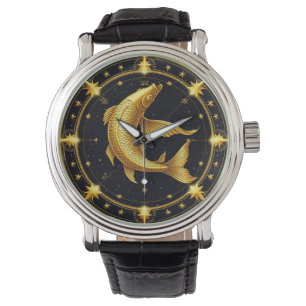 Golden Vissen Zodiac Symbool Omgeven Door Sterren Horloge