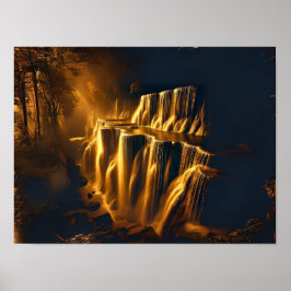 Golden Waterfall Abstracte kunst – Luxueus digitaa Poster