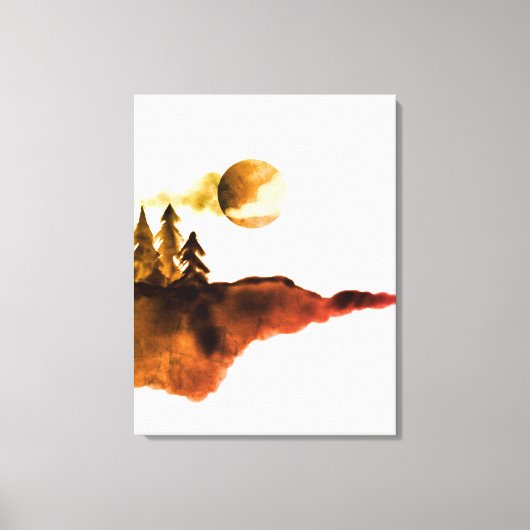 Golden Waterverf Mountains Moon Pine Trees Canvas Afdruk (Voorkant)