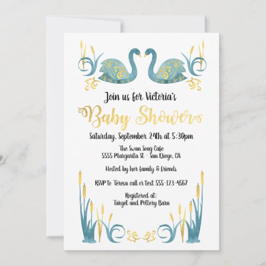 Golden waterverf Swans Baby shower Uitnodiging (Voorkant)