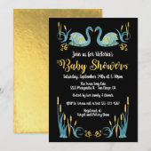 Golden waterverf Swans Baby shower Uitnodiging (Voorkant / Achterkant)