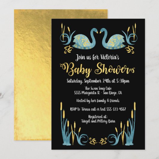 Golden waterverf Swans Baby shower Uitnodiging (Voorkant / Achterkant)
