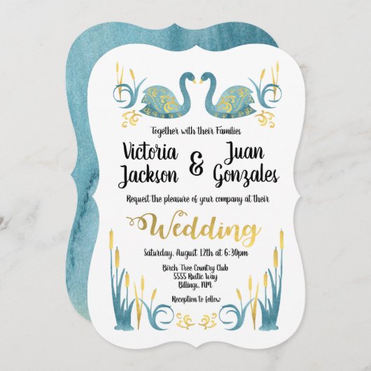 Golden waterverf Zwanen Huwelijksuitnodigingen Kaart (Voorkant / Achterkant)