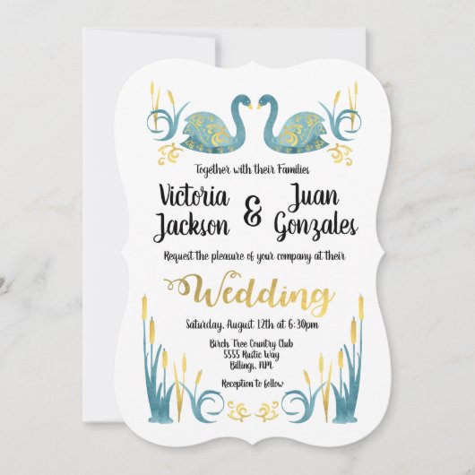 Golden waterverf Zwanen Huwelijksuitnodigingen Kaart (Voorkant)