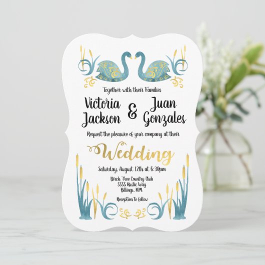 Golden waterverf Zwanen Huwelijksuitnodigingen Kaart (Staand voorkant)